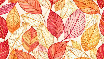 Obraz premium Watercolor Autumn Leaves Pattern in Warm Tones on Creamy White Background