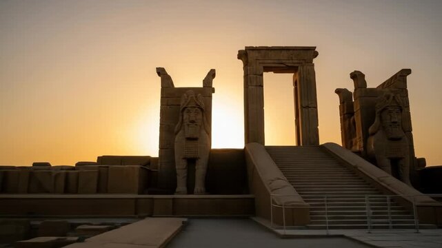 Ancient Gate at Sunset - A majestic stone gateway stands silhouetted against a vibrant sunset. Two large statues flank the entrance, leading up a stairway towards the bright light.
