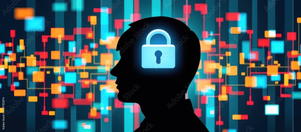 Poster ransomware protection concept. silhouette of a person with a padlock symbol representing cybersecuri