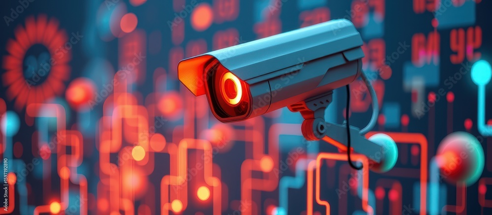 Poster ransomware protection concept. surveillance camera amidst a digital background with vibrant colors a