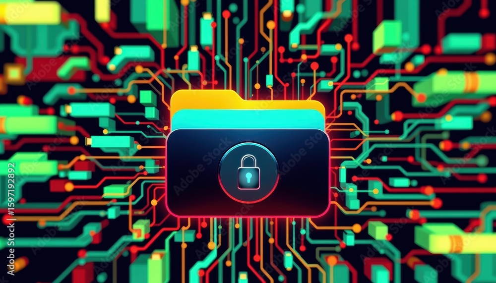 Poster ransomware protection concept. abstract digital illustration of a locked folder amidst colorful circ