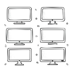 Six outline drawings of computer monitors in different sizes screen display
