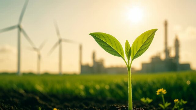 Green hydrogen infrastructure. Young green plant seedling sprouting from soil with wind turbine and factory background under warm sunlight symbolizing eco energy