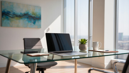 Fototapeta premium Modern Office Desk with Laptop, Minimalist Workspace and Home Office Setup