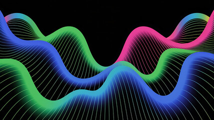 Abstract flowing waves of neon green blue and pink light on black background isolated on a transparent background