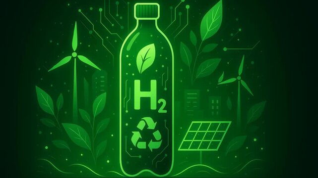 Green hydrogen infrastructure. Green hydrogen energy eco bottle with wind turbine solar panel leaf recycle symbol for sustainable clean power concept