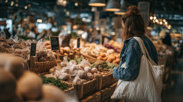 Woman shopping in vibrant grocery store, exploring package free bulk food section filled with fresh produce and organic items