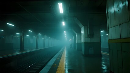 Obraz premium Misty Underground Train Station at Night