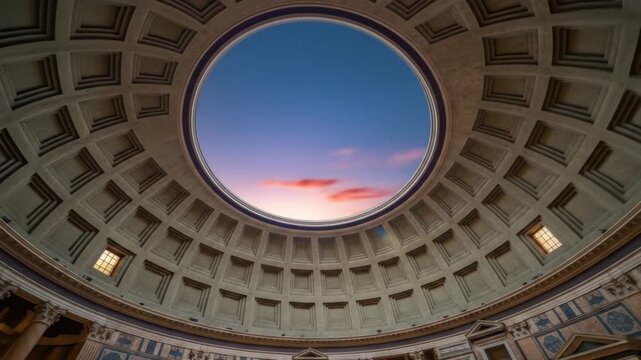 Pantheon Interior with Twilight Sky - The interior of the Pantheon in Rome, showcasing its magnificent dome and oculus, which reveals a twilight sky.