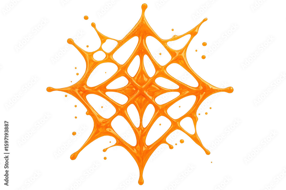 Poster orange juice splashing, forming dynamic symmetrical wave, creating vibrant visual against transparen