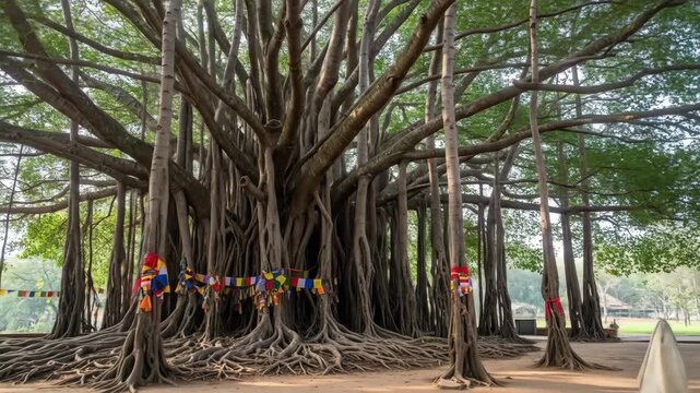 Ancient Sacred Bodhi Tree with Exposed Roots and Prayer Flags - A majestic Bodhi tree, its massive trunk and extensive root system showcased in a serene outdoor setting.