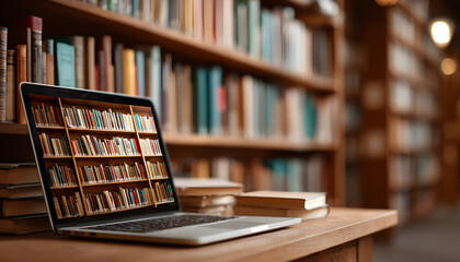 E-library on laptop screen displays online learning. Digital books on bookshelves for education, knowledge. Concept of E-Learning, digital resources and information access. Technology background.