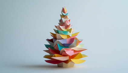 A small, three-dimensional origami paper sculpture that resembles an abstract Christmas tree, with multiple layered folds and vibrant, colorful shapes, made of intricate geometric designs.