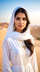 Woman in white hijab in desert