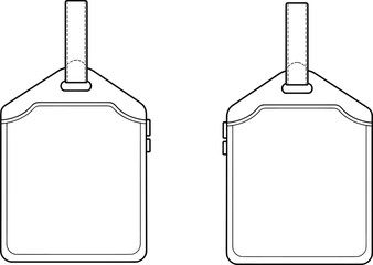Luggage tag design with strap, rectangular body, rounded corners, ID pocket, technical sketch, front and back view, travel accessory template