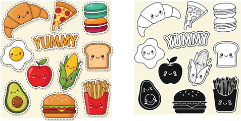 Cute food stickers vector illustration set of yummy cartoon food characters for kids and design assets