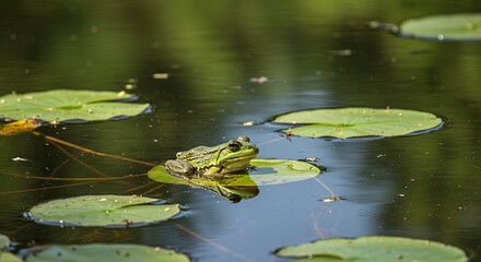 Green frog sits on a lily pad in a pond reflected in water with more lily pads surrounding it
