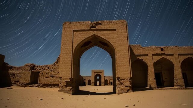 Star Trails Over Ancient Ruins - A long-exposure photograph captures star trails streaking across the night sky above the weathered, brick ruins of an old caravanserai or similar structure in a