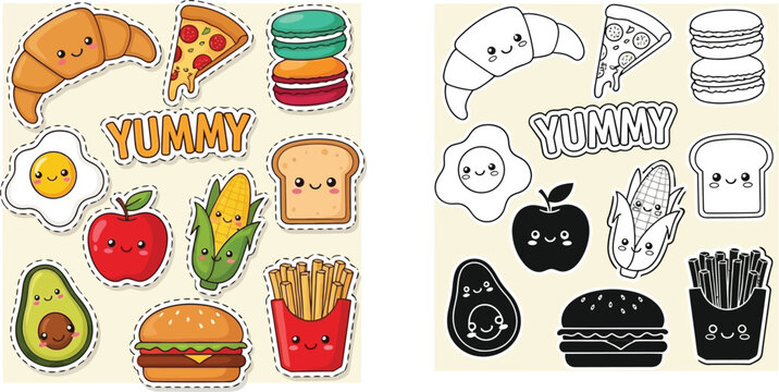 Naklejki Cute food stickers vector illustration set of yummy cartoon food characters for kids and design assets
