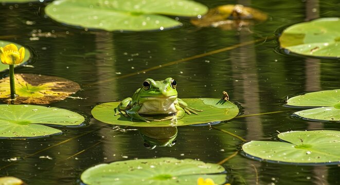 Green frog atop lily pad surrounded by water and other pads - Powered by Adobe