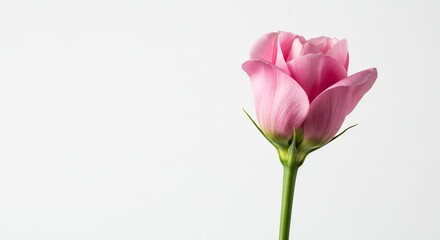 Obraz premium Pink rose on a white background showcasing its petals stem and leaves