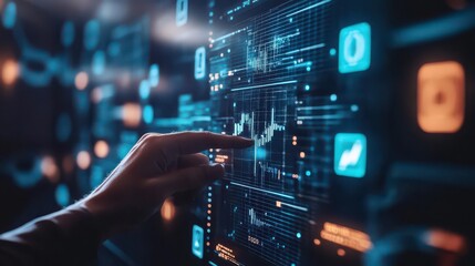 Hand interacting with digital interface displaying data charts and glowing icons on a dark background