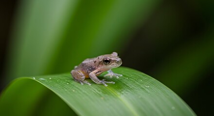 Obraz premium A small frog sits on a curving green leaf appearing alert and detailed