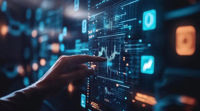 Hand interacting with digital interface displaying data charts and glowing icons on a dark background