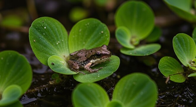 A small brown frog sits on a broad green leaf surrounded by other water plants in a marshy environment - Powered by Adobe