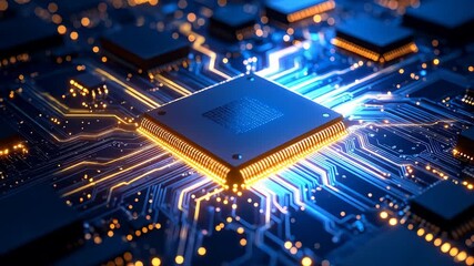 Dynamic CPU Processing Data on a Futuristic Circuit Board with Glowing Light Trails - Powered by Adobe