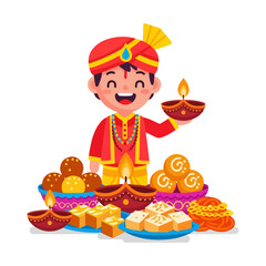 Character with Diwali lamps and sweets, Diwali festival. Vector flat design cartoon. AI generated images.	