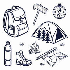 Fototapeta premium Camping and outdoor adventure gear collection line art