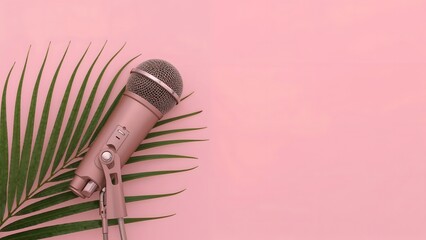 Rose gold microphone resting on a lush green palm leaf against a soft pink background
