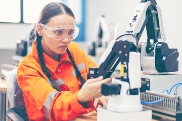 Female engineers checking or maintenance electronic in AI Robot, robot arm in the manufacturing...