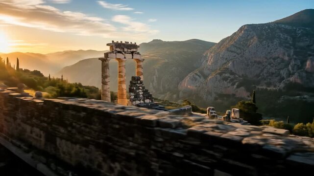 Ancient Greek Temple at Sunset - The Temple of Athena Pronaia at Delphi, Greece, is bathed in the golden light of a setting sun.