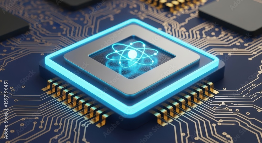 Poster futuristic microchip design featuring a glowing atom symbol on a circuit board close-up