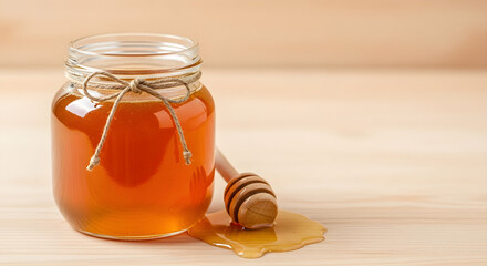 Golden honey in a glass jar with a wooden dipper, perfect for branding, recipes, and natural health products, offering a sweet and healthy option