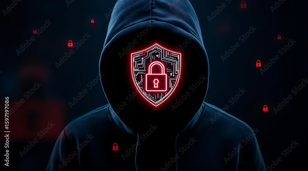 Poster a hooded figure with a shield and padlock symbol against a dark background with floating padlocks