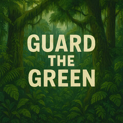 A dense and vibrant green forest scene with the words guard the green superimposed in the center