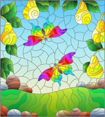 A stained glass illustration with pear branches and butterflies on a meadow and sky background