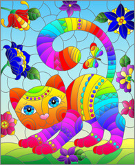A stained glass illustration with a cute cartoon cat on a background of flowers, fields and sky