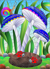 A stained glass illustration with mushrooms and ladybugs on a grass background