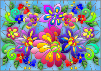 An illustration in stained glass style with bright abstract flowers and leaves on blue background