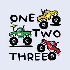 three cartoon monster trucks with different colors and designs, isolated on a gray background.eps © atap