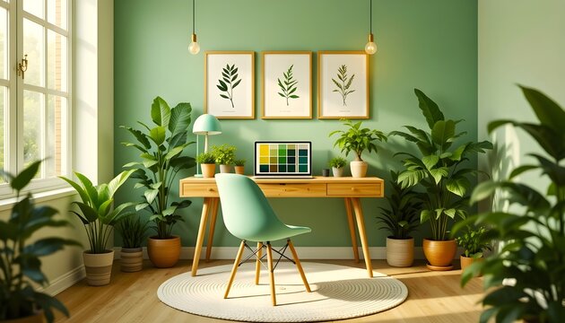 Green Home Office Interior with Plants and Natural Light
