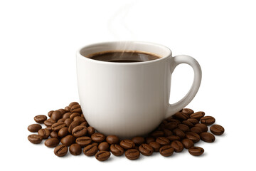 Fototapeta premium Steaming white coffee cup sits on a bed of roasted coffee beans, against a transparent background