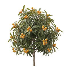 Small loquat tree with clusters of ripe yellow fruit against a white background.