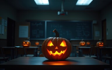 A spooky classroom scene with glowing jack-o'-lanterns on desks.