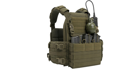 Olive drab tactical body armor vest with MOLLE system magazines grenade and radio. PNG Transparent