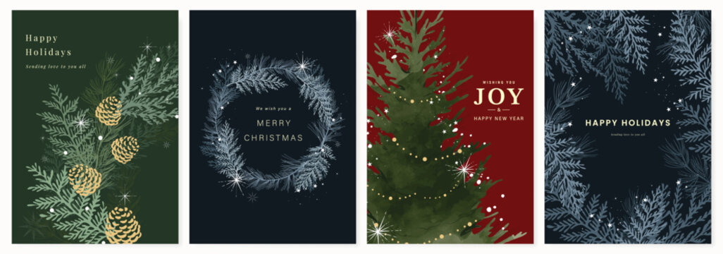 Christmas and Happy holiday greeting card vector set. Elegant wallpaper with pine leaves, pinecone, christmas tree, wreath. Holidays design illustration for cover, print, poster, Happy New Year, ads.